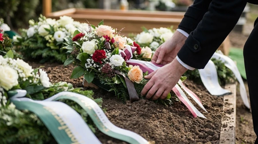 Человек поправляет венки на могиле, соблюдая порядок в первые дни после похорон